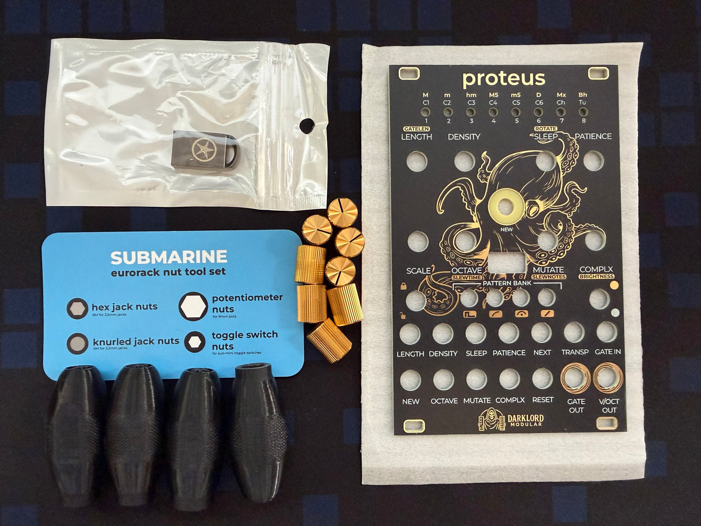 Darklord Proteus Panel Kit with Special edition Eurorack Toolset and gold knobs