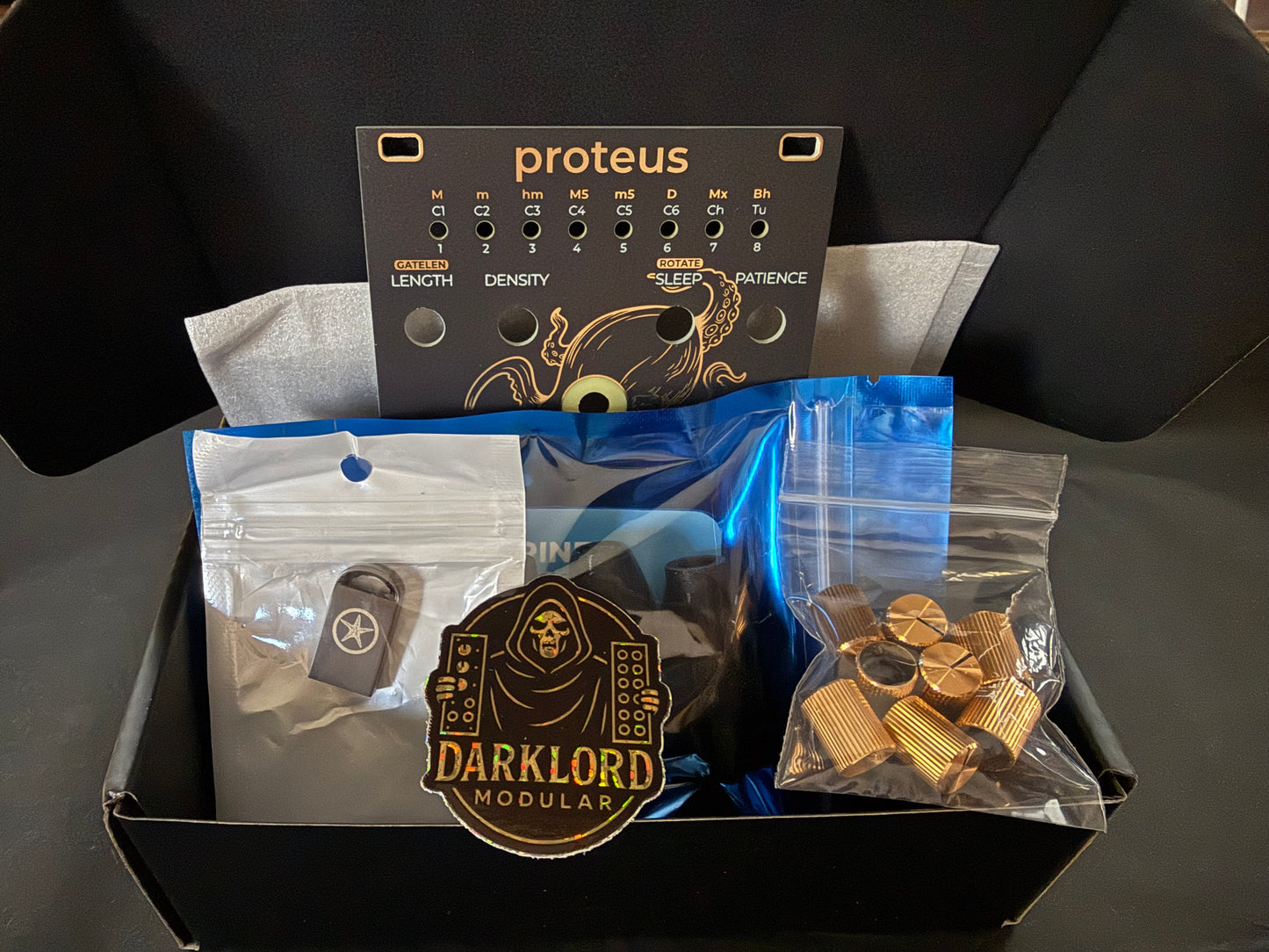 Darklord Proteus Panel Kit with Special edition Eurorack Toolset and gold knobs