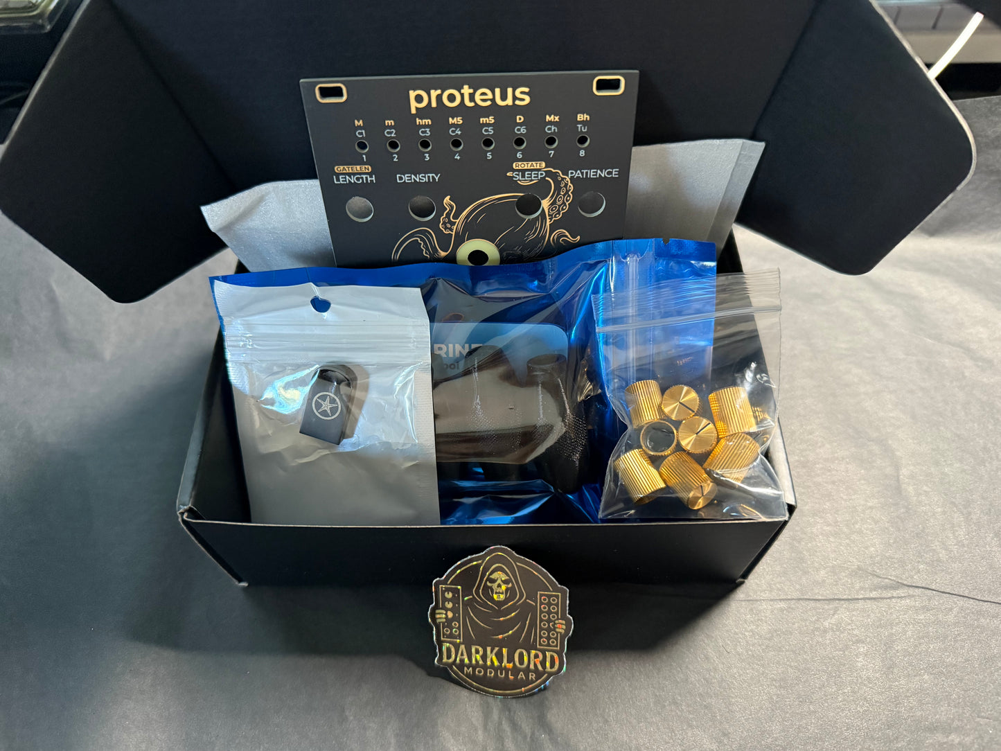 Darklord Proteus Panel Kit with Special edition Eurorack Toolset and gold knobs